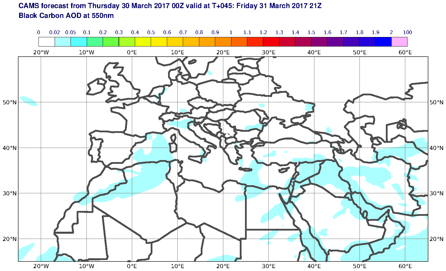 Black Carbon AOD at 550nm valid at T45 - 2017-03-31 21:00