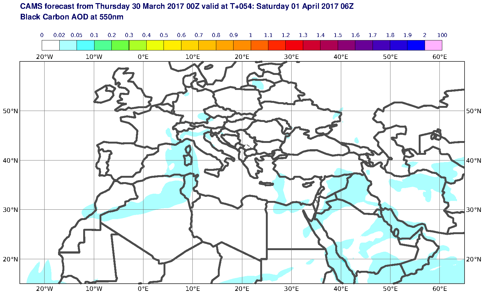 Black Carbon AOD at 550nm valid at T54 - 2017-04-01 06:00