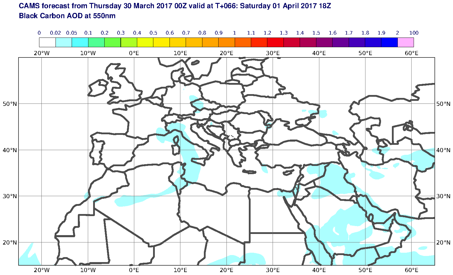 Black Carbon AOD at 550nm valid at T66 - 2017-04-01 18:00