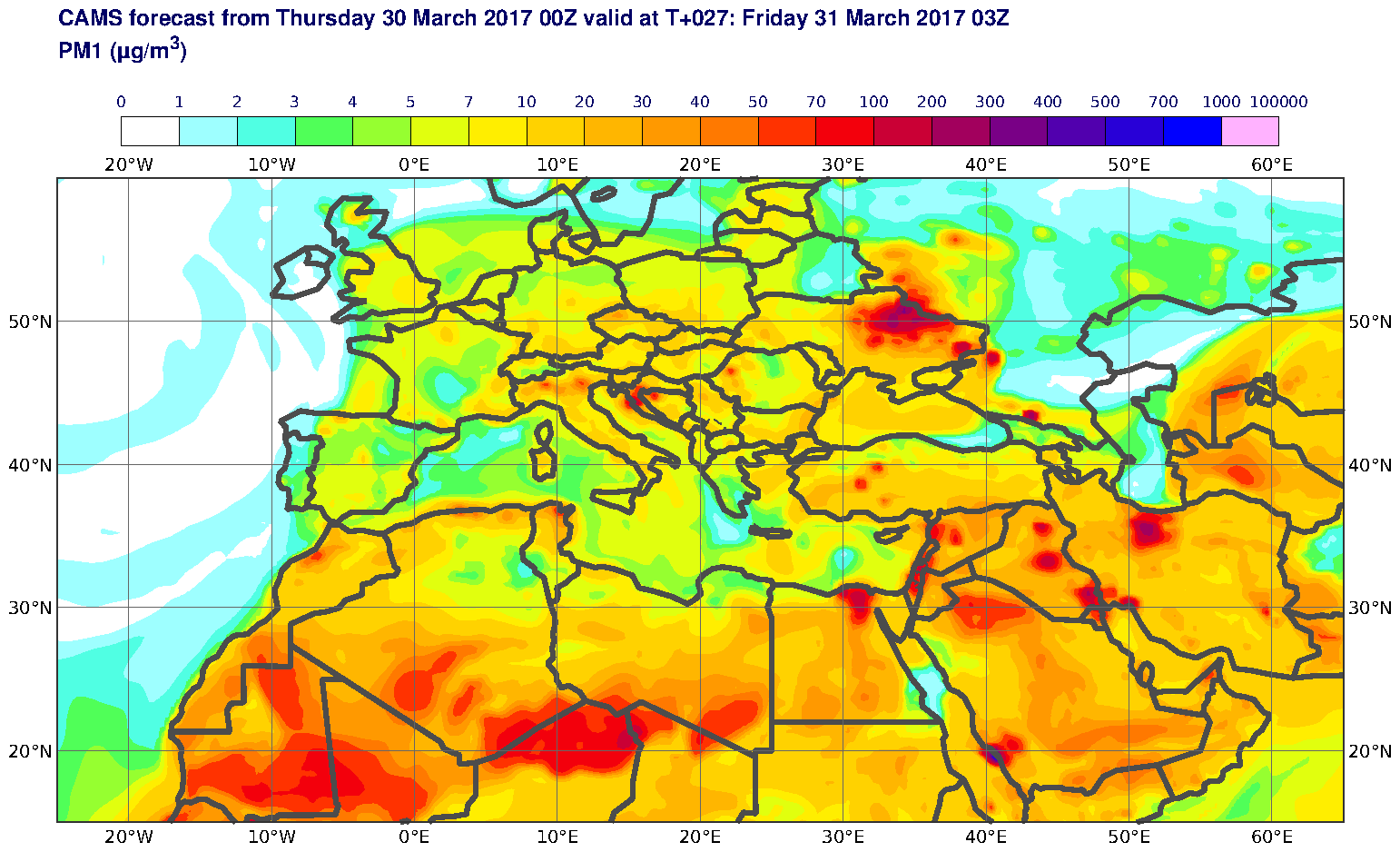 PM1 (μg/m3) valid at T27 - 2017-03-31 03:00