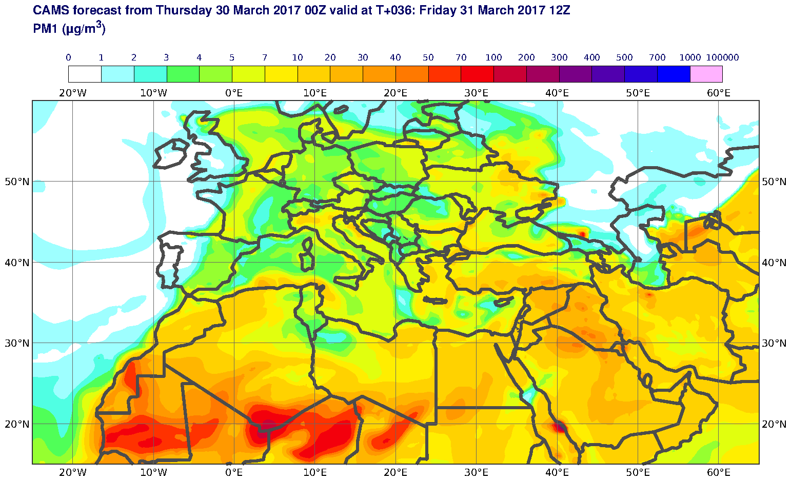 PM1 (μg/m3) valid at T36 - 2017-03-31 12:00