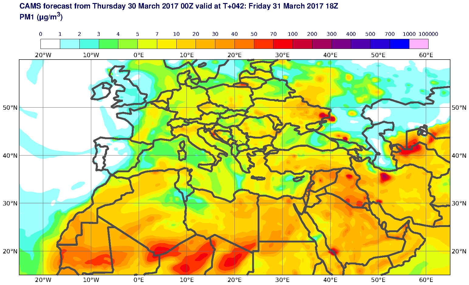 PM1 (μg/m3) valid at T42 - 2017-03-31 18:00