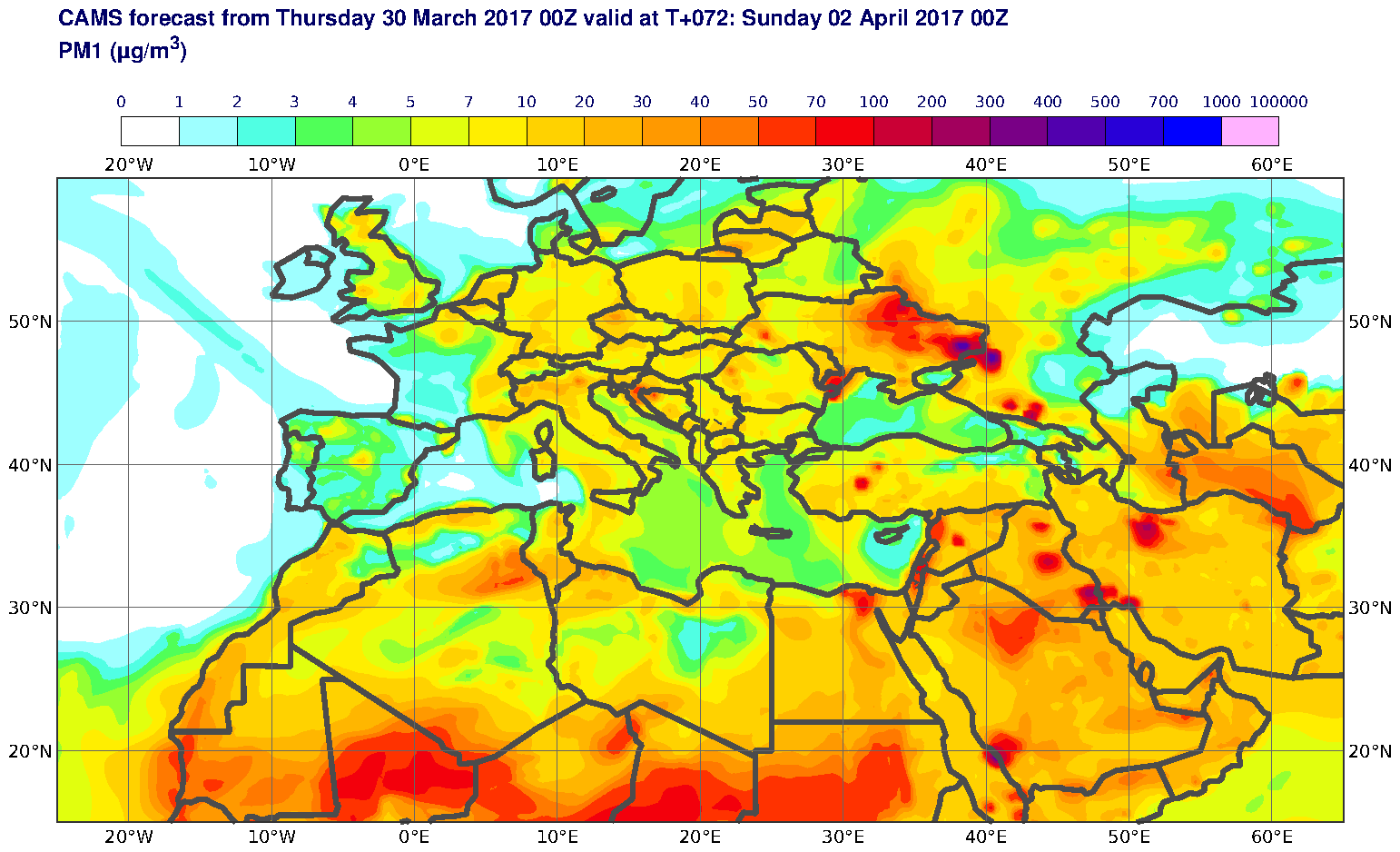 PM1 (μg/m3) valid at T72 - 2017-04-02 00:00