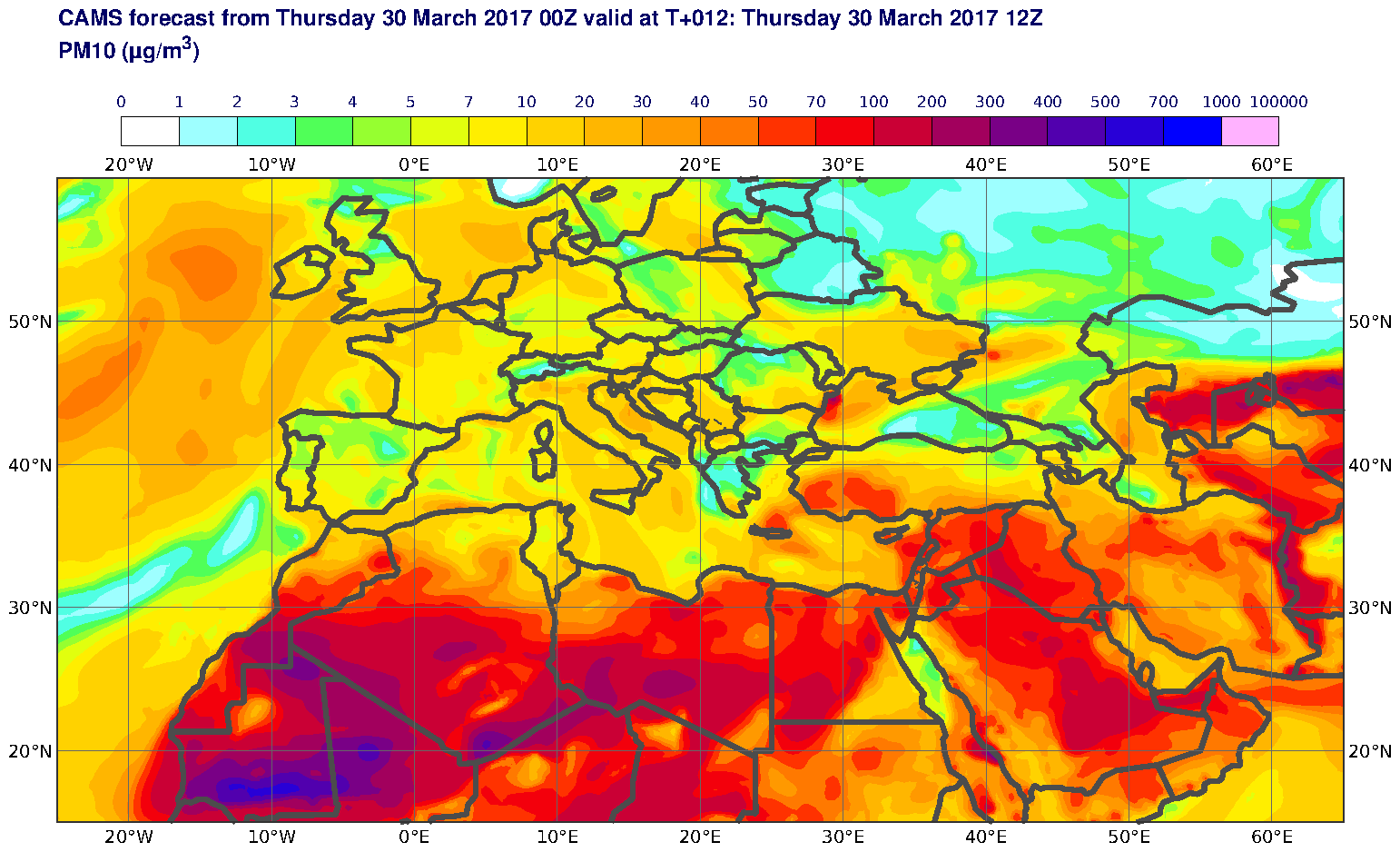 PM10 (μg/m3) valid at T12 - 2017-03-30 12:00