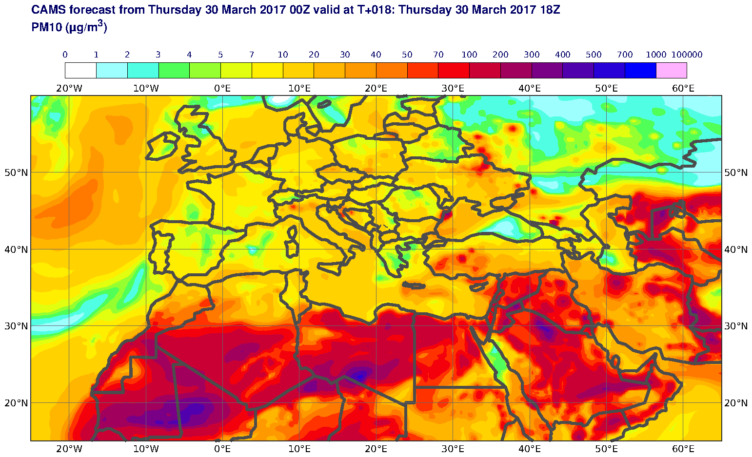 PM10 (μg/m3) valid at T18 - 2017-03-30 18:00