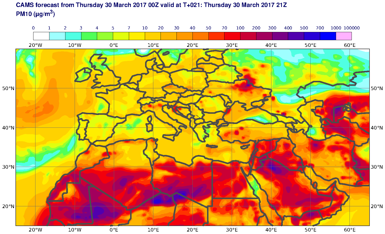 PM10 (μg/m3) valid at T21 - 2017-03-30 21:00