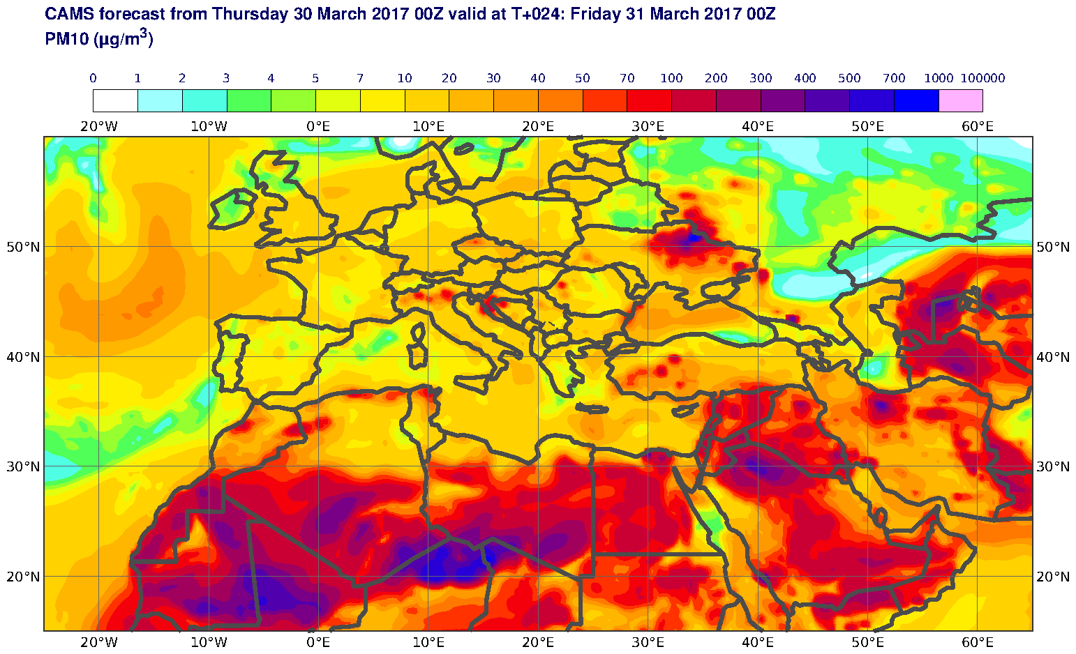 PM10 (μg/m3) valid at T24 - 2017-03-31 00:00