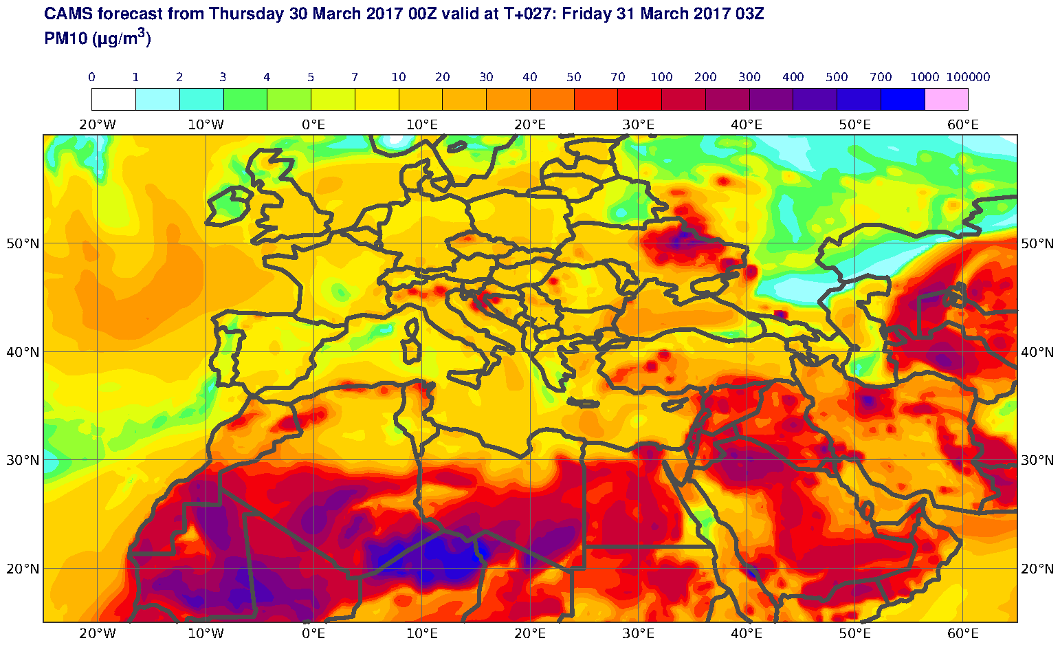 PM10 (μg/m3) valid at T27 - 2017-03-31 03:00