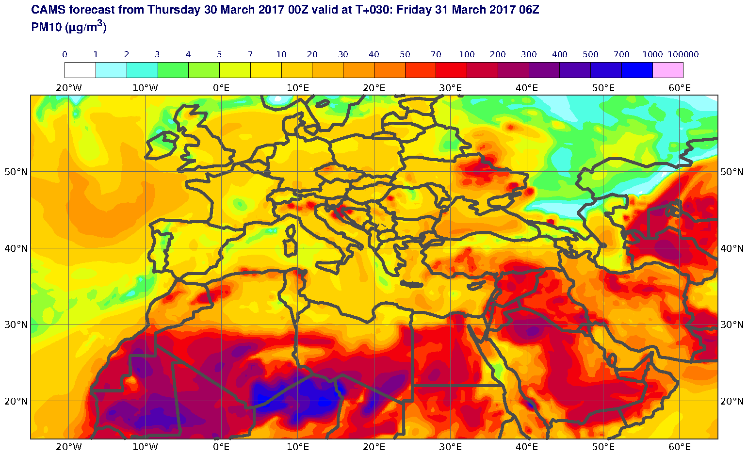 PM10 (μg/m3) valid at T30 - 2017-03-31 06:00