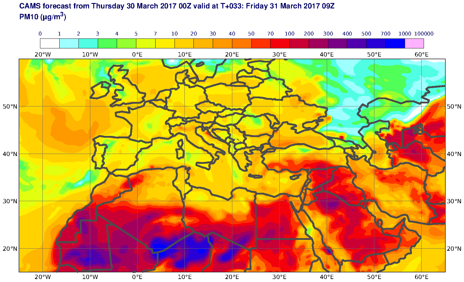 PM10 (μg/m3) valid at T33 - 2017-03-31 09:00