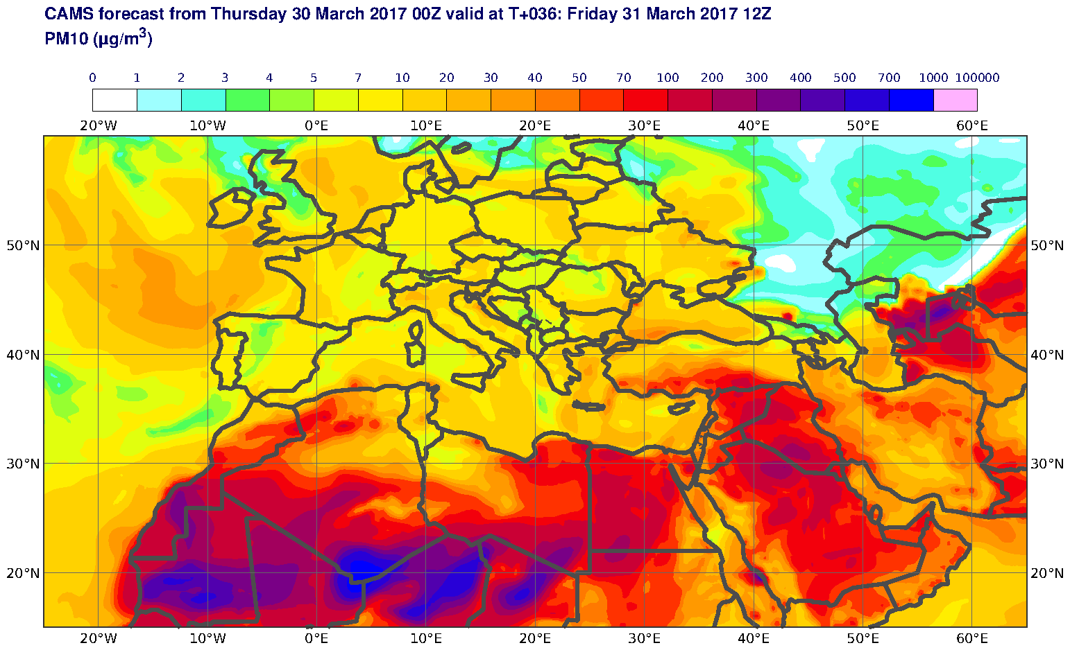 PM10 (μg/m3) valid at T36 - 2017-03-31 12:00