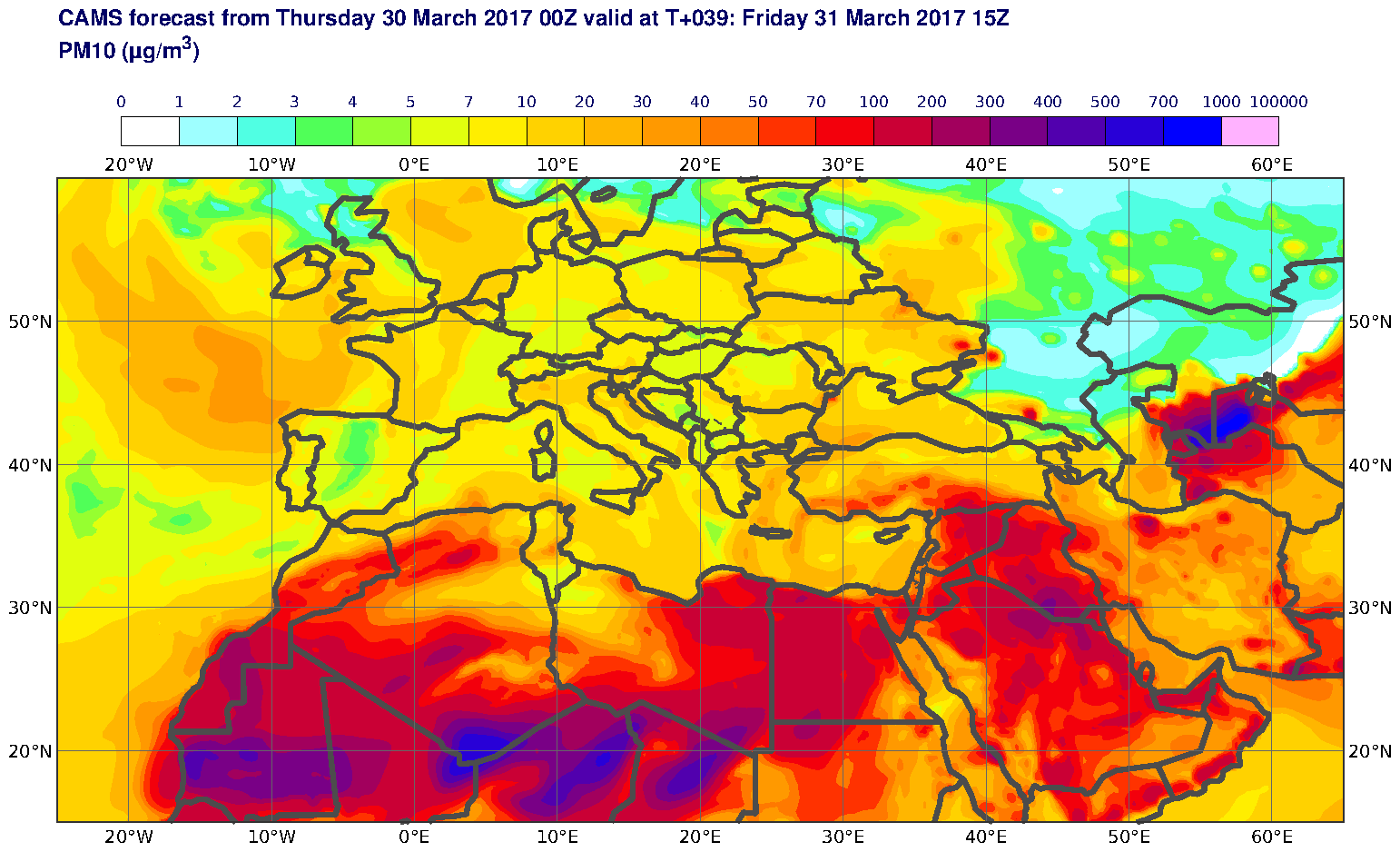 PM10 (μg/m3) valid at T39 - 2017-03-31 15:00