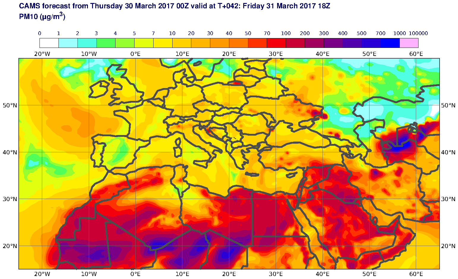 PM10 (μg/m3) valid at T42 - 2017-03-31 18:00