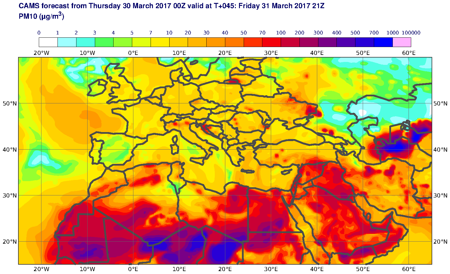 PM10 (μg/m3) valid at T45 - 2017-03-31 21:00