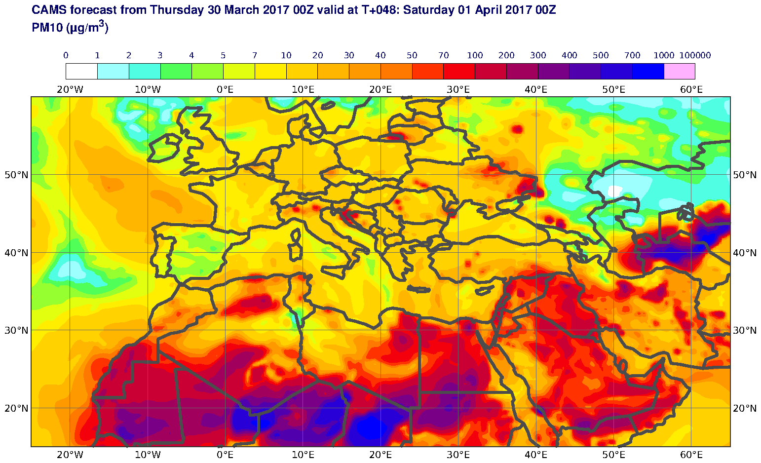 PM10 (μg/m3) valid at T48 - 2017-04-01 00:00