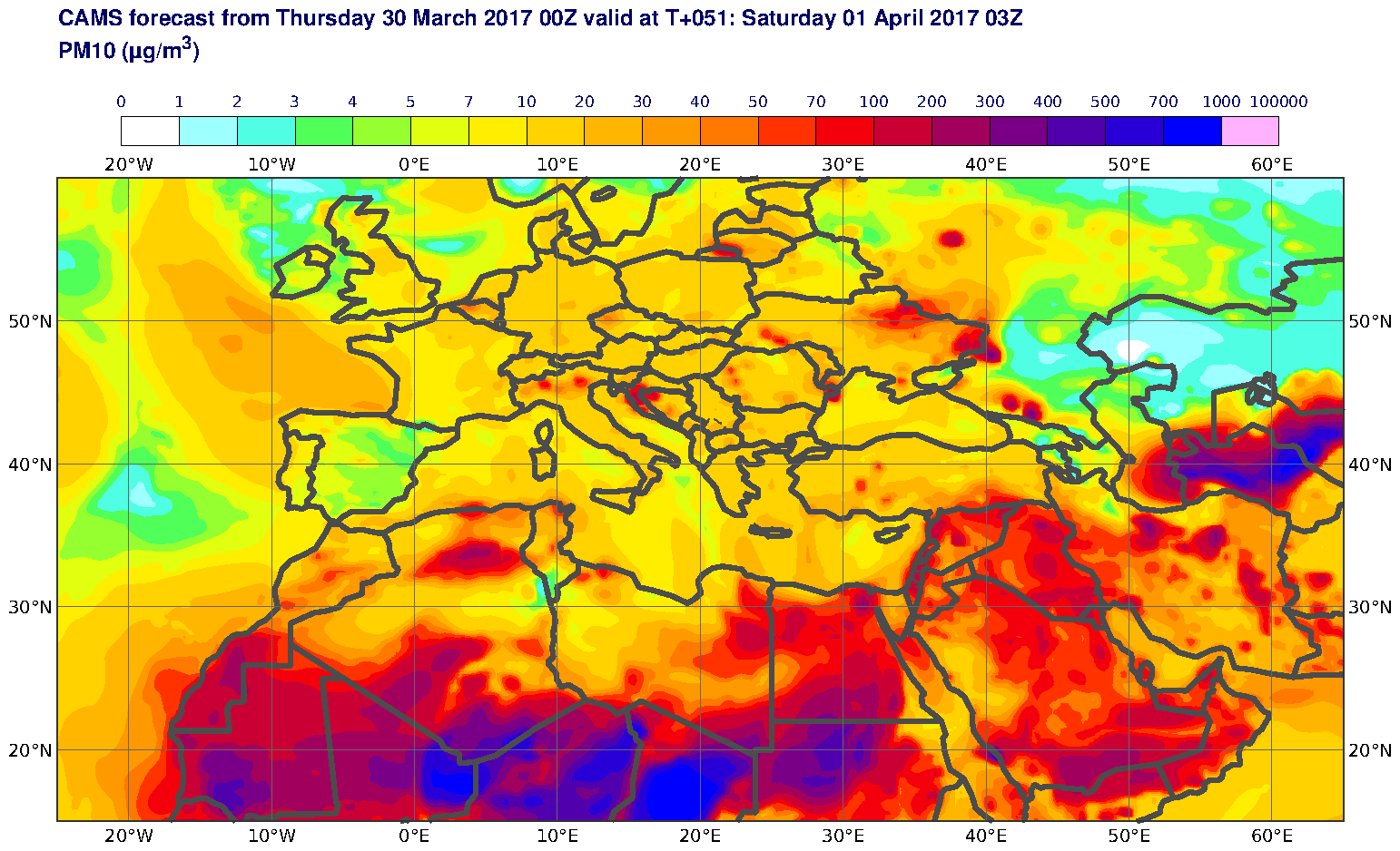 PM10 (μg/m3) valid at T51 - 2017-04-01 03:00