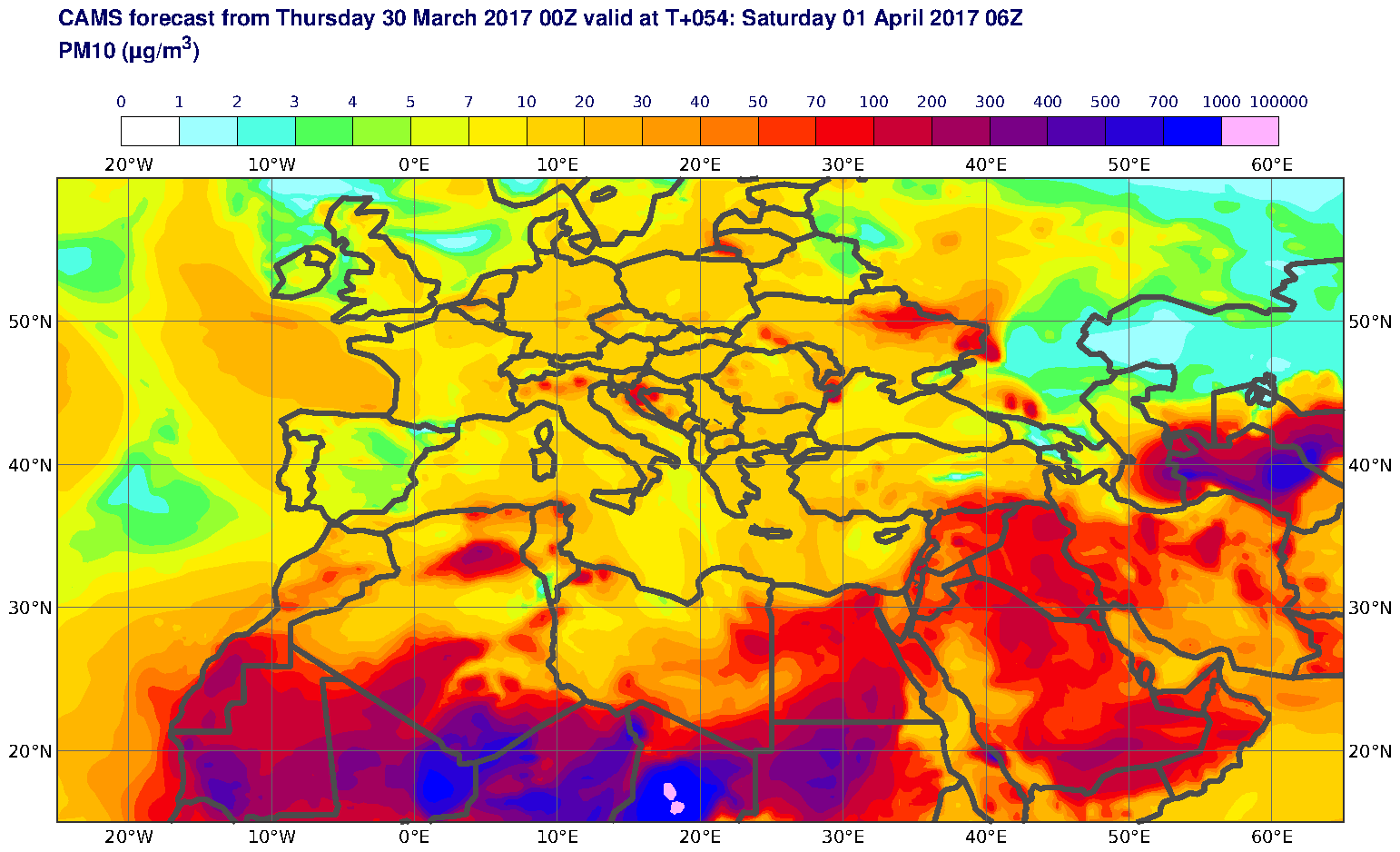 PM10 (μg/m3) valid at T54 - 2017-04-01 06:00