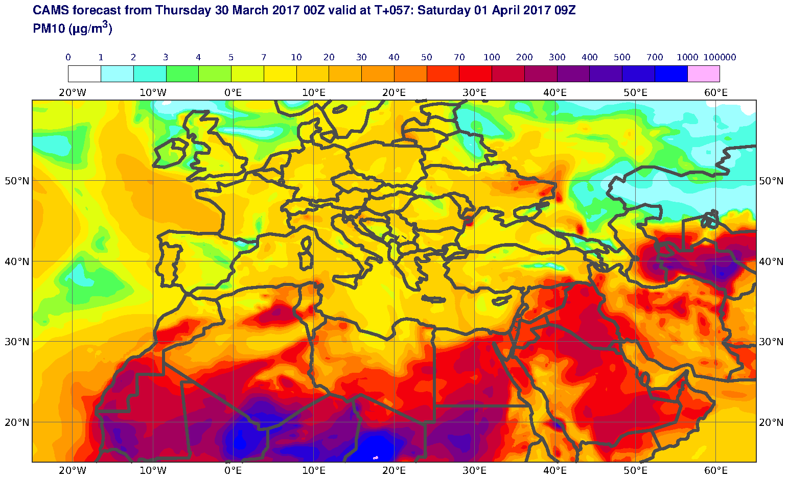 PM10 (μg/m3) valid at T57 - 2017-04-01 09:00