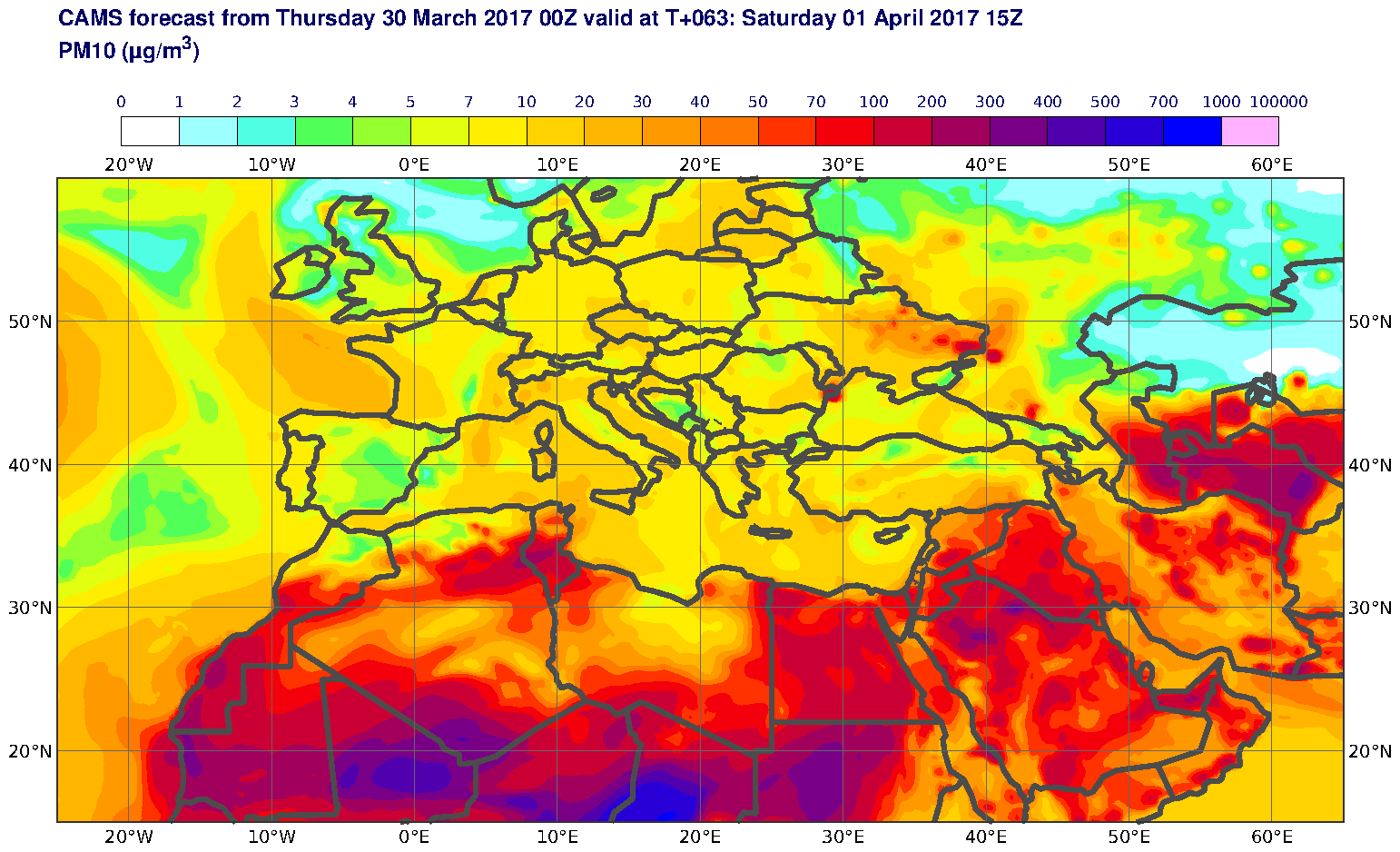 PM10 (μg/m3) valid at T63 - 2017-04-01 15:00