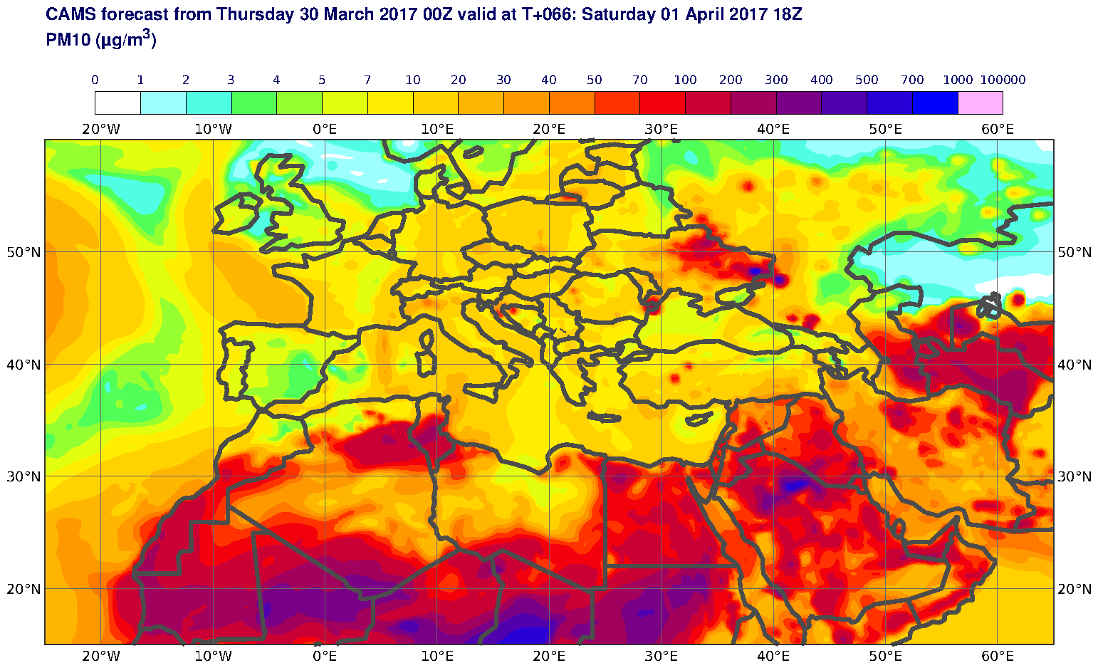 PM10 (μg/m3) valid at T66 - 2017-04-01 18:00