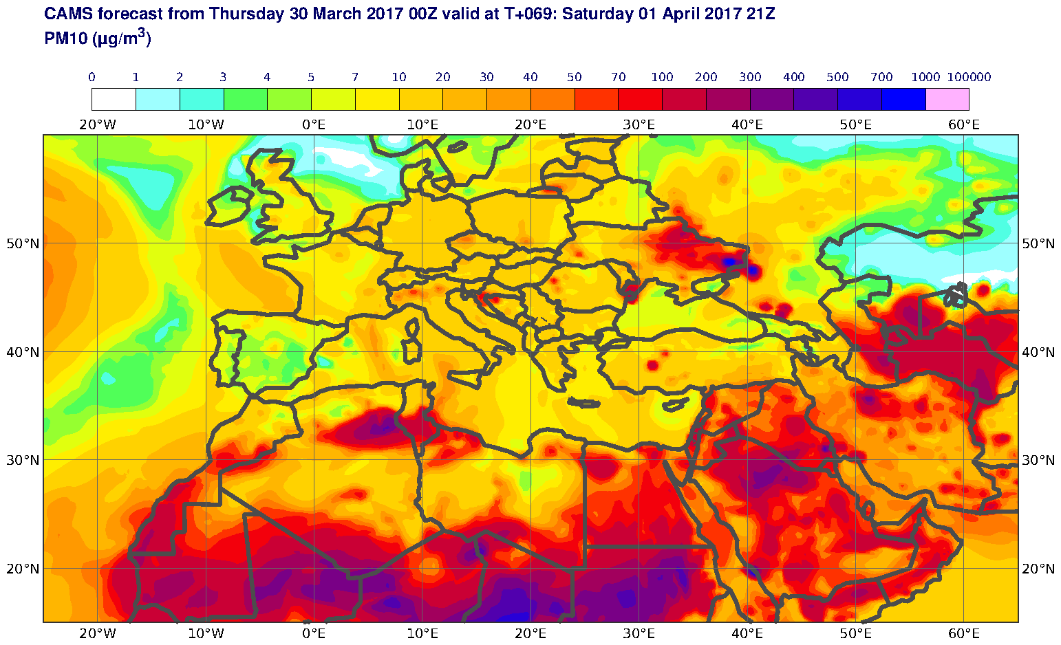 PM10 (μg/m3) valid at T69 - 2017-04-01 21:00