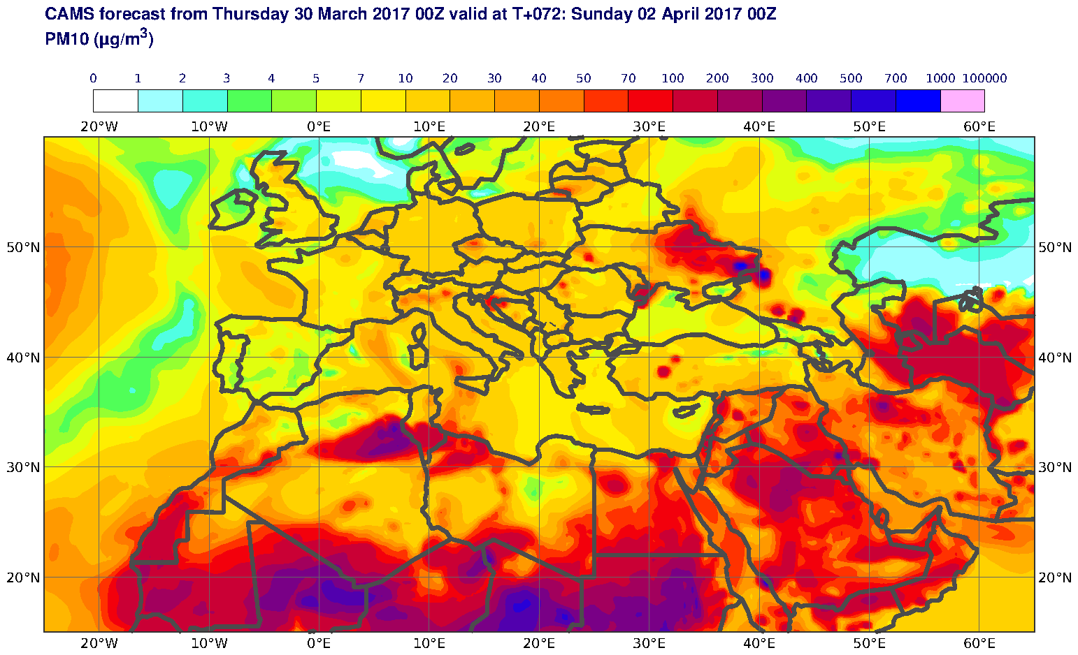 PM10 (μg/m3) valid at T72 - 2017-04-02 00:00