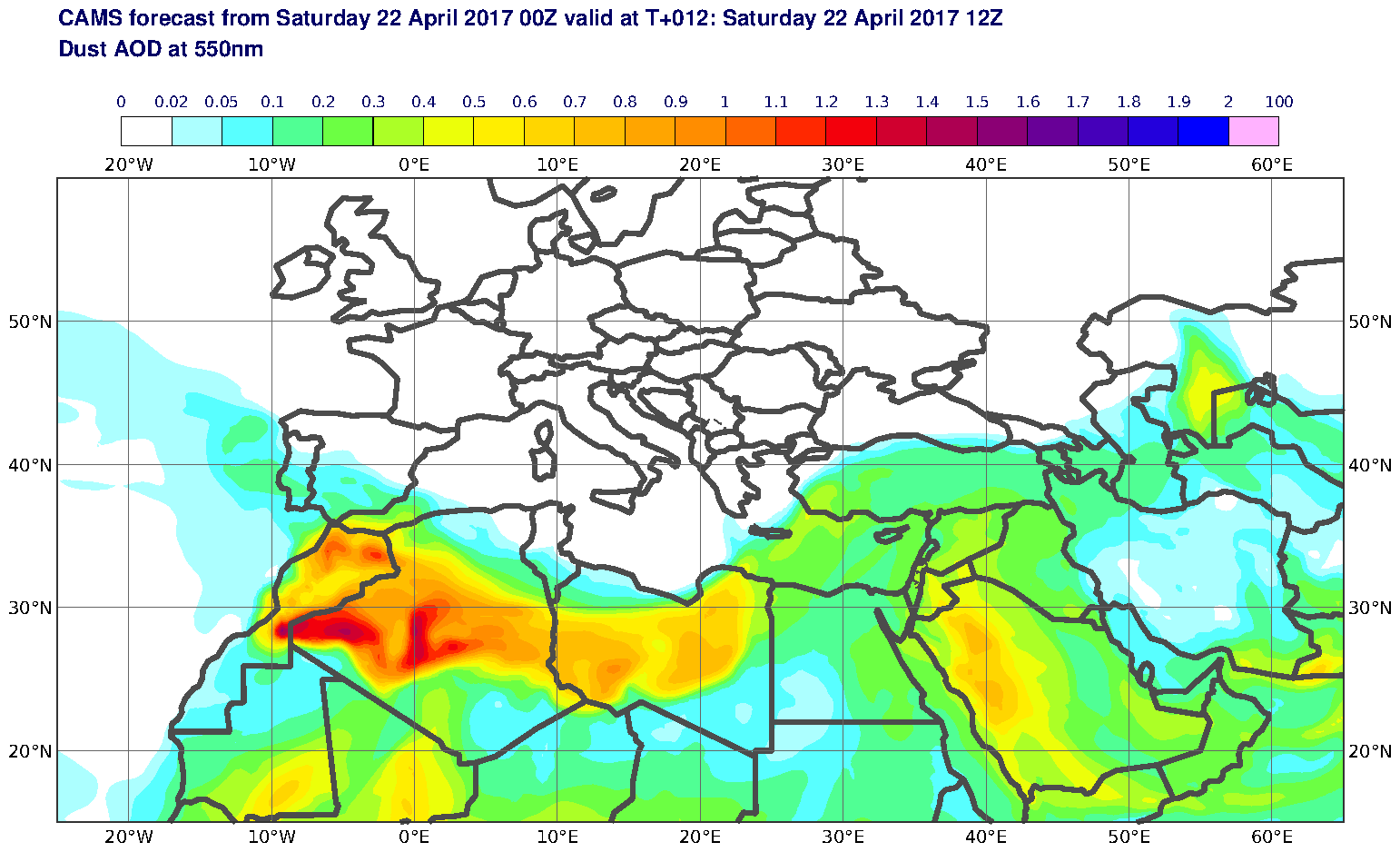 Dust AOD at 550nm valid at T12 - 2017-04-22 12:00