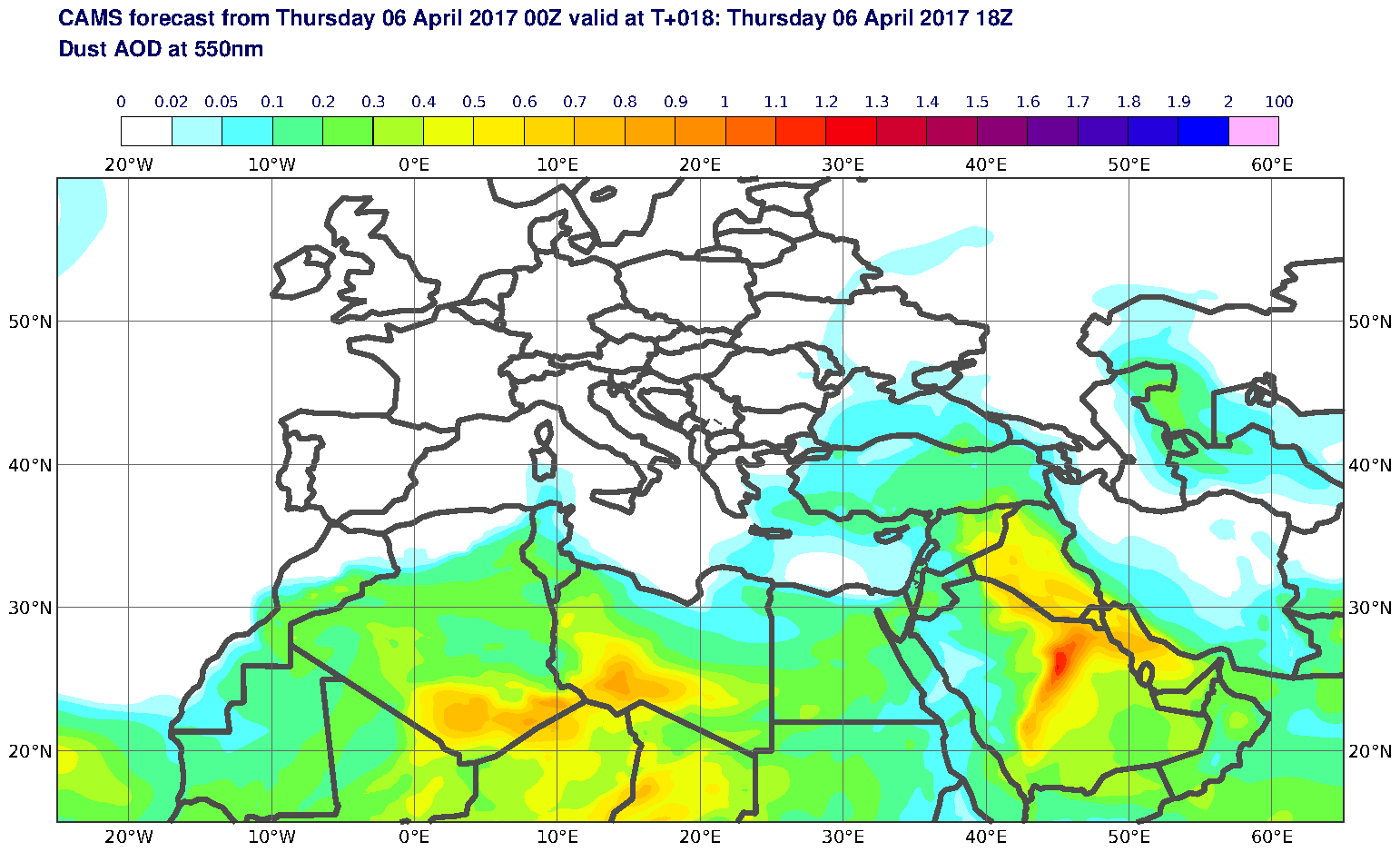 Dust AOD at 550nm valid at T18 - 2017-04-06 18:00