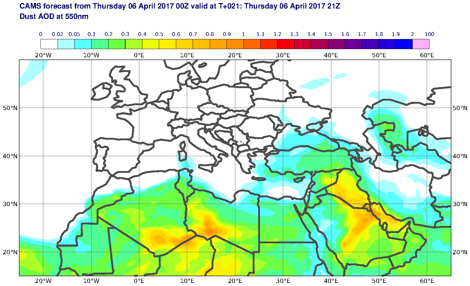 Dust AOD at 550nm valid at T21 - 2017-04-06 21:00