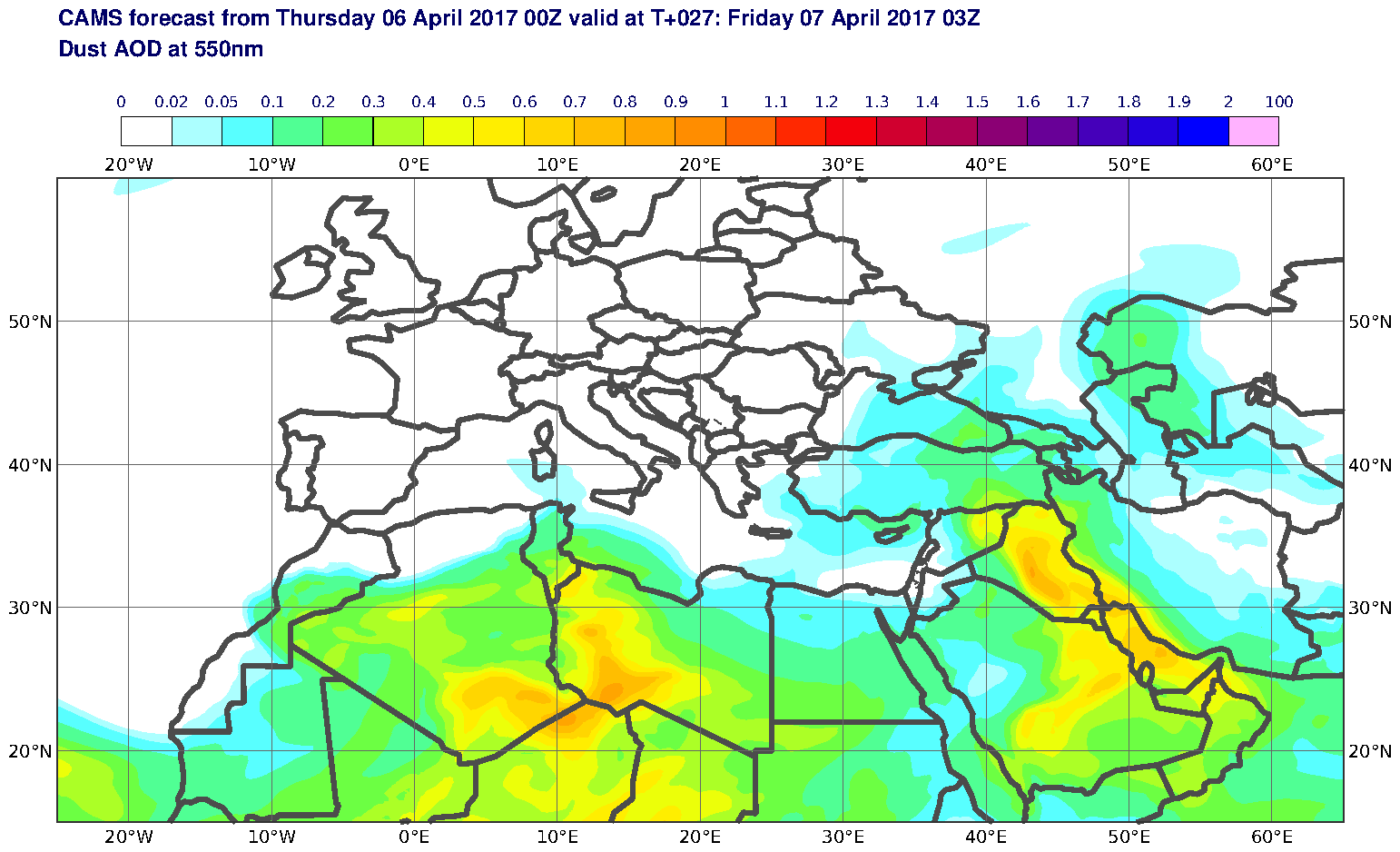 Dust AOD at 550nm valid at T27 - 2017-04-07 03:00
