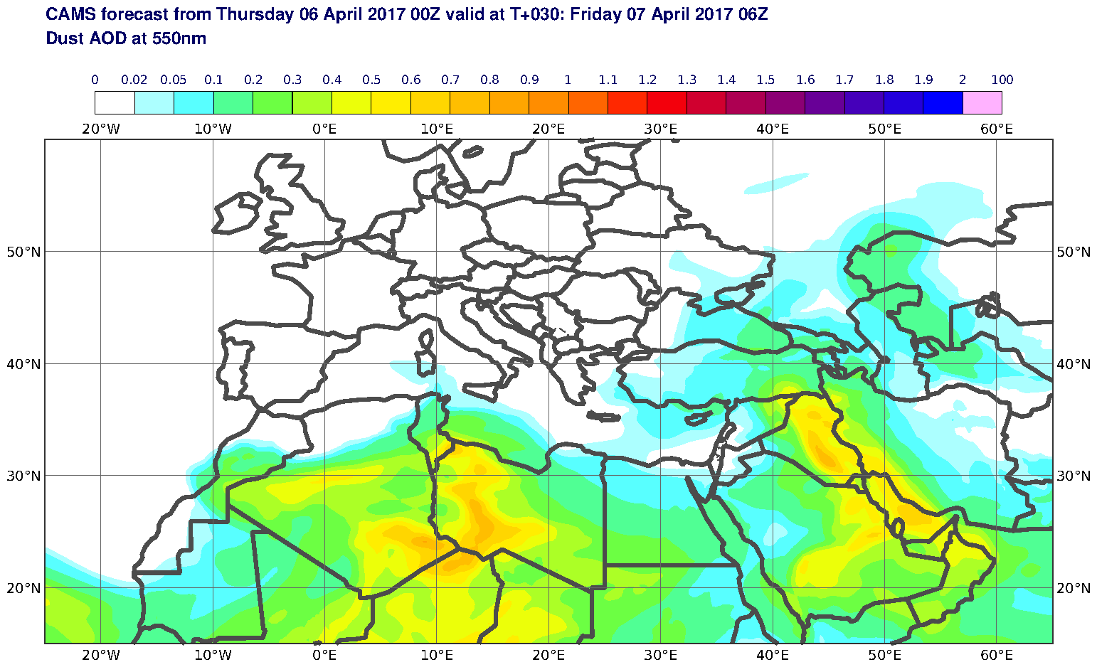 Dust AOD at 550nm valid at T30 - 2017-04-07 06:00