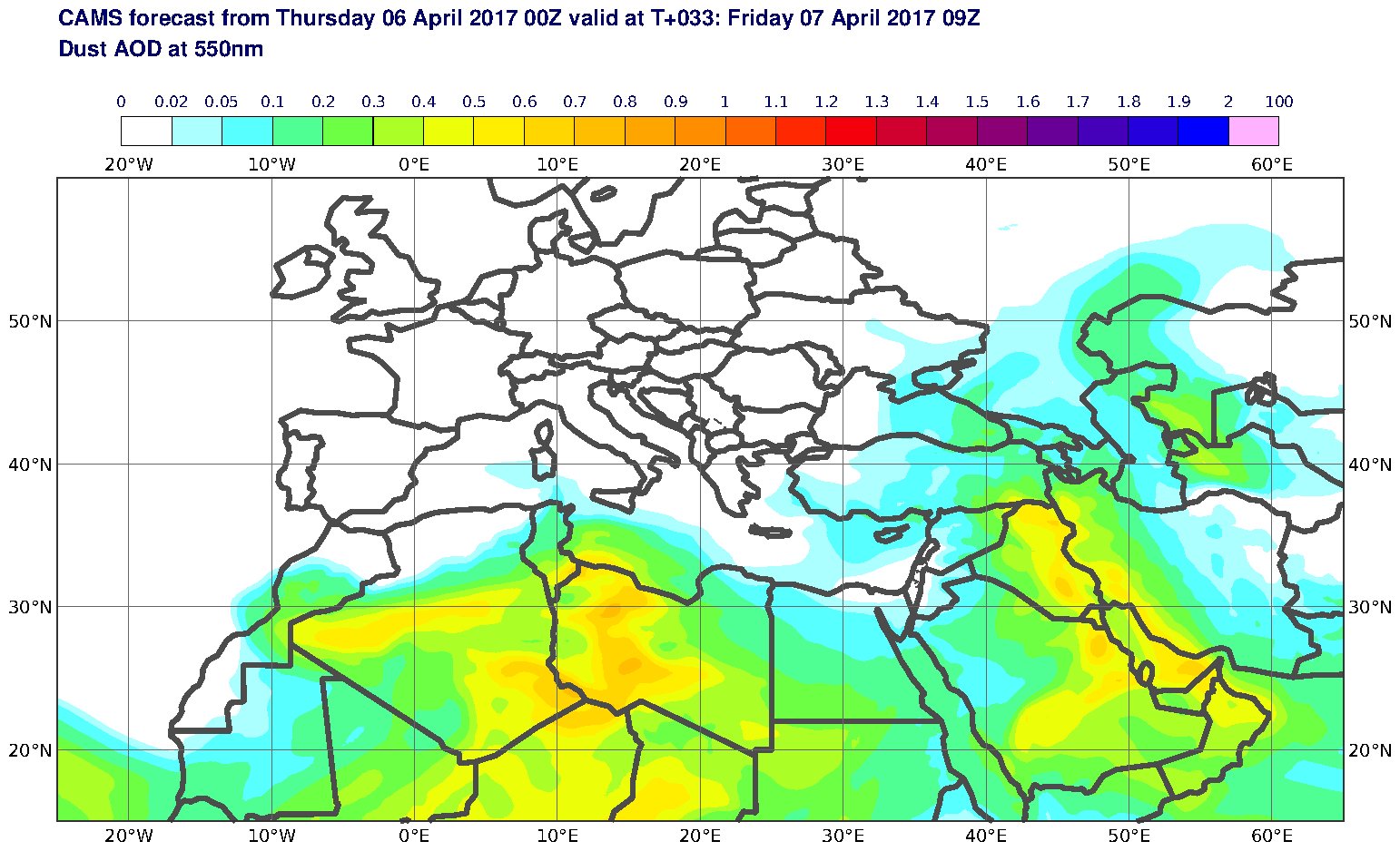 Dust AOD at 550nm valid at T33 - 2017-04-07 09:00