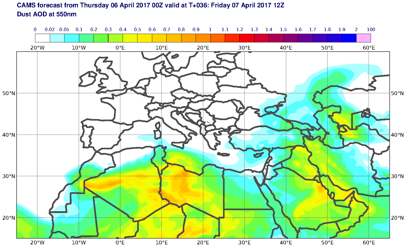 Dust AOD at 550nm valid at T36 - 2017-04-07 12:00