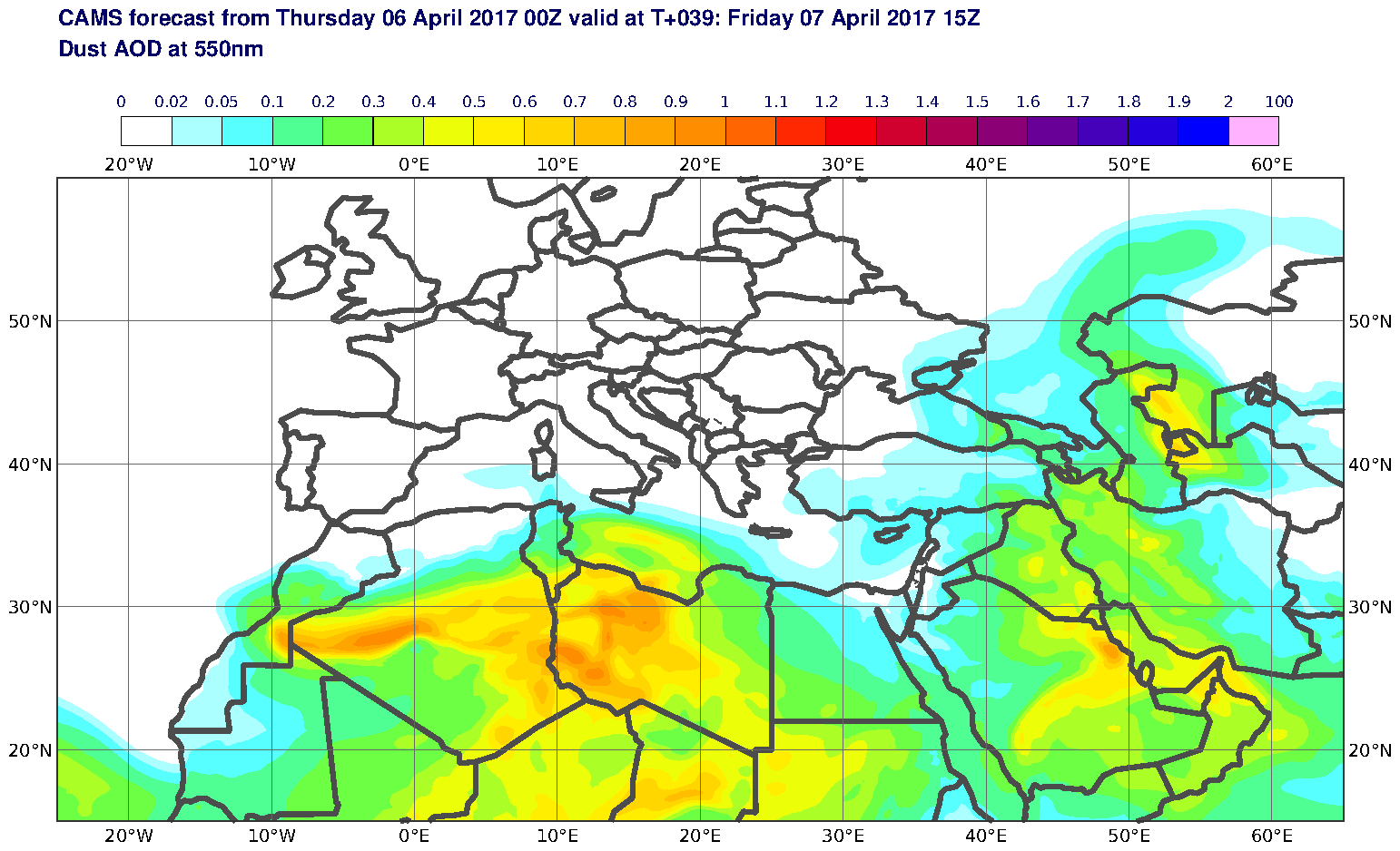 Dust AOD at 550nm valid at T39 - 2017-04-07 15:00