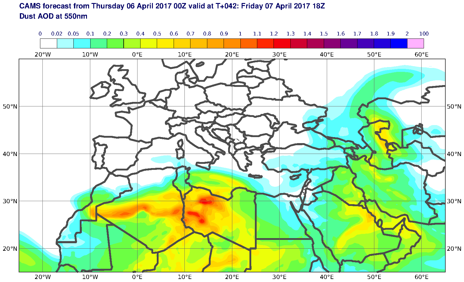 Dust AOD at 550nm valid at T42 - 2017-04-07 18:00