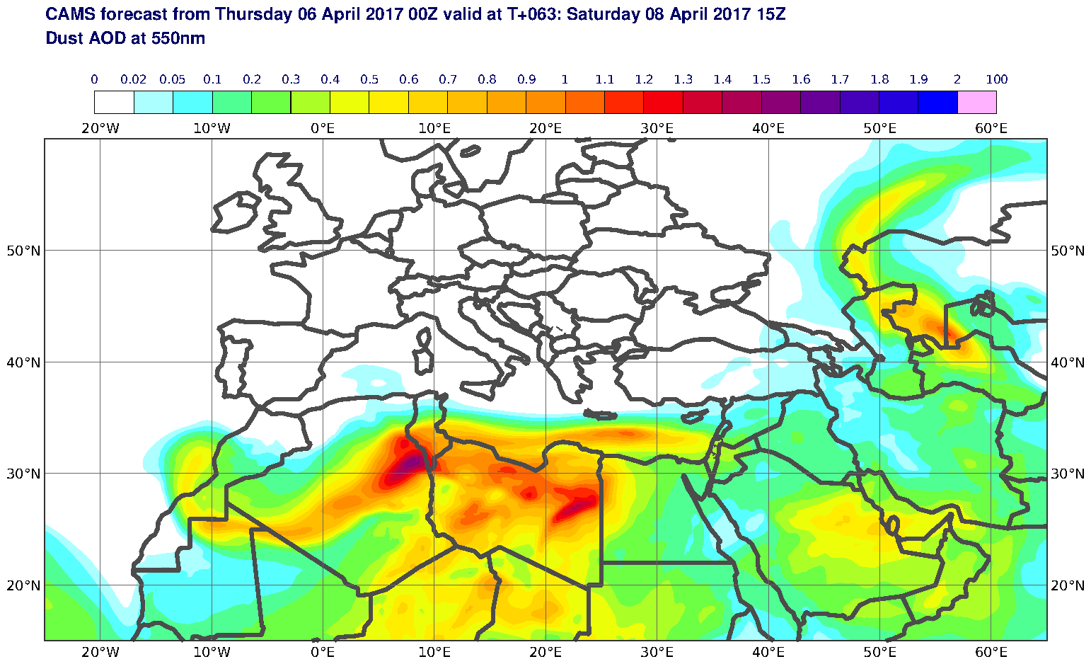 Dust AOD at 550nm valid at T63 - 2017-04-08 15:00