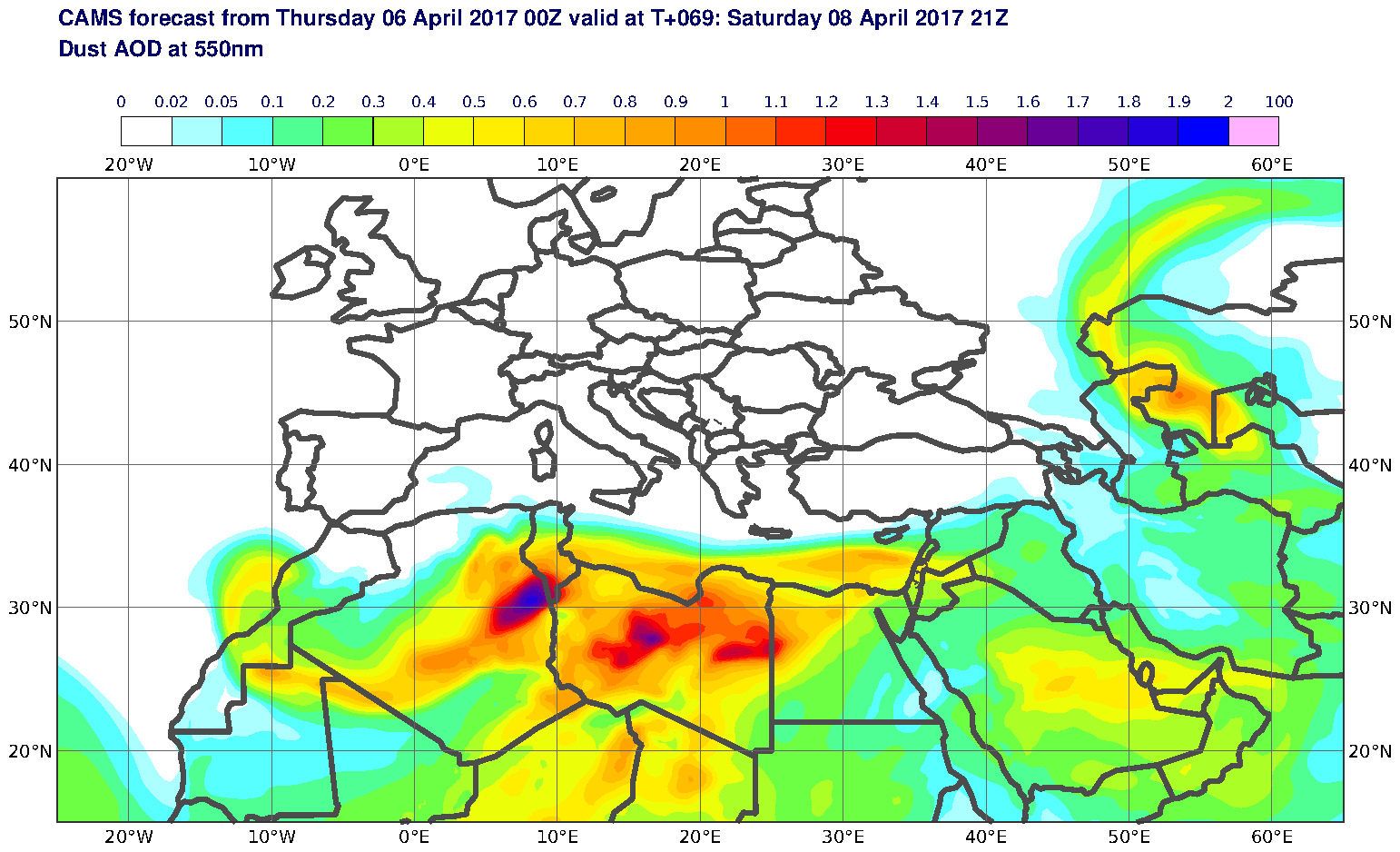 Dust AOD at 550nm valid at T69 - 2017-04-08 21:00