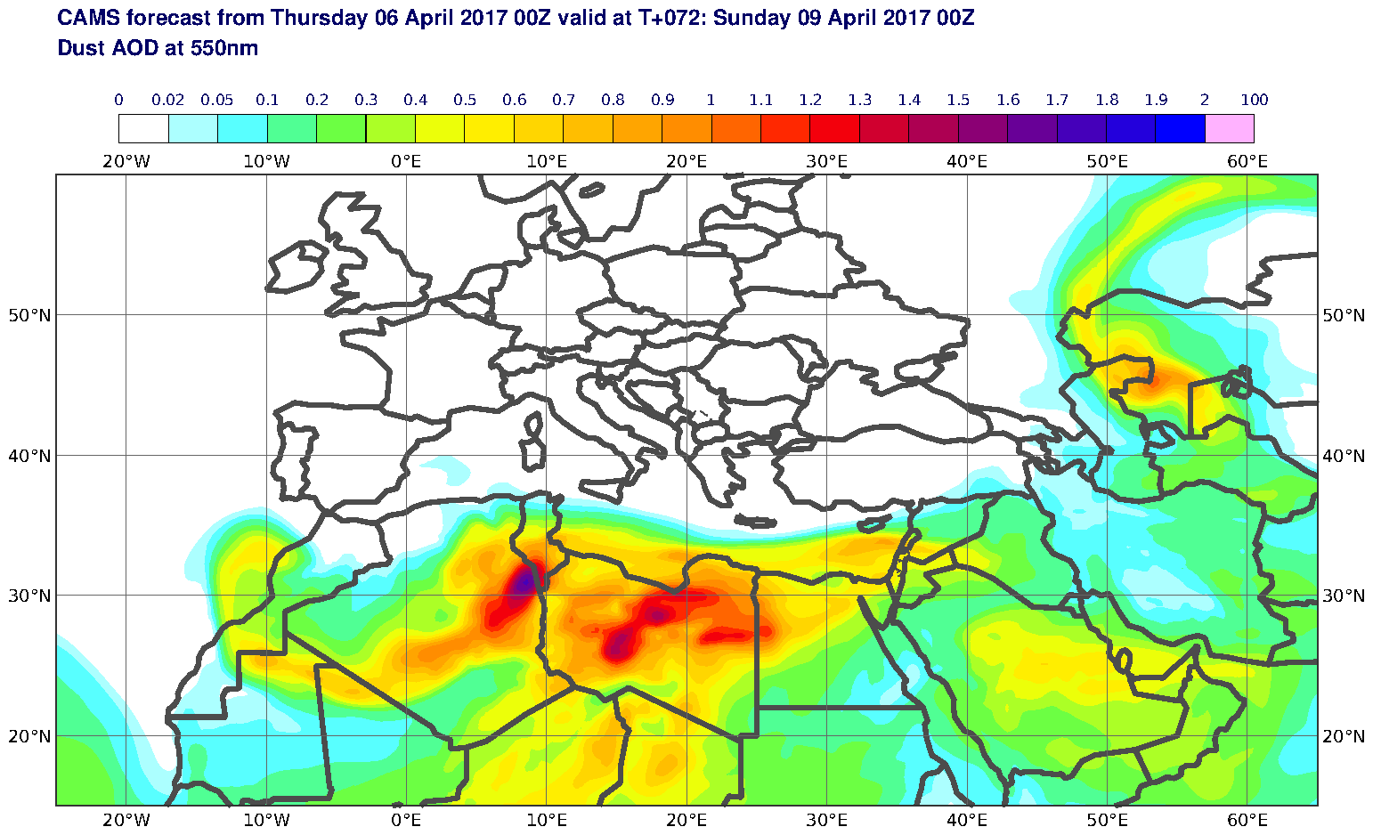 Dust AOD at 550nm valid at T72 - 2017-04-09 00:00
