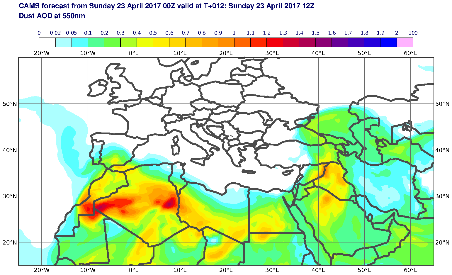 Dust AOD at 550nm valid at T12 - 2017-04-23 12:00
