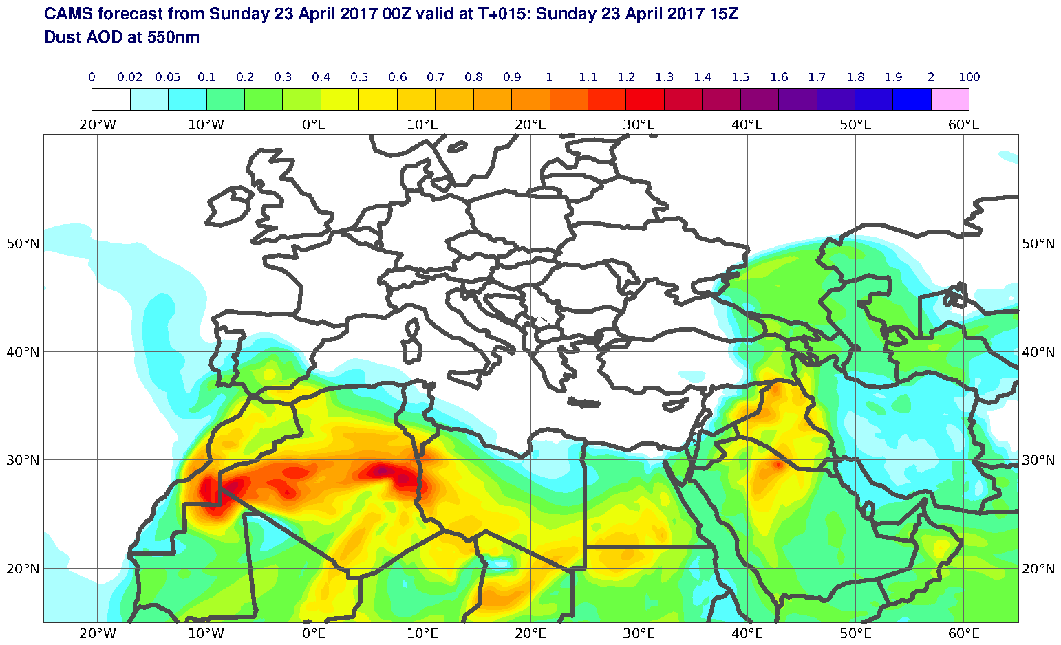 Dust AOD at 550nm valid at T15 - 2017-04-23 15:00