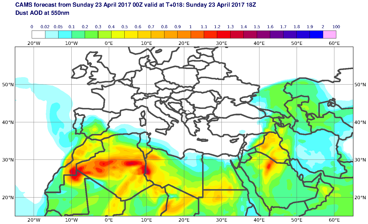 Dust AOD at 550nm valid at T18 - 2017-04-23 18:00
