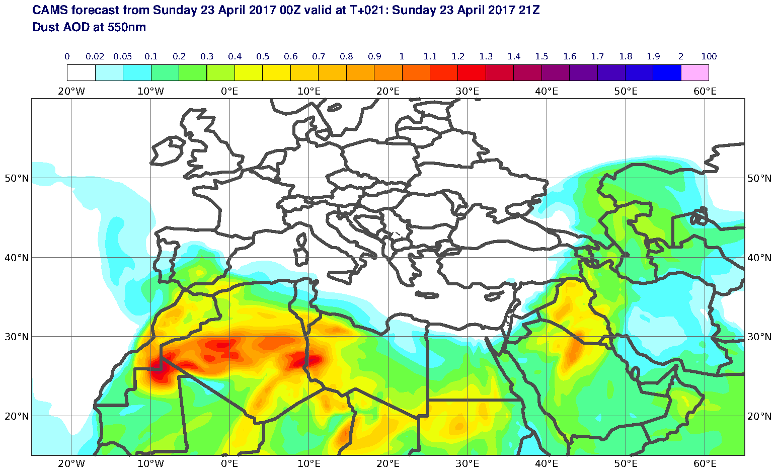 Dust AOD at 550nm valid at T21 - 2017-04-23 21:00