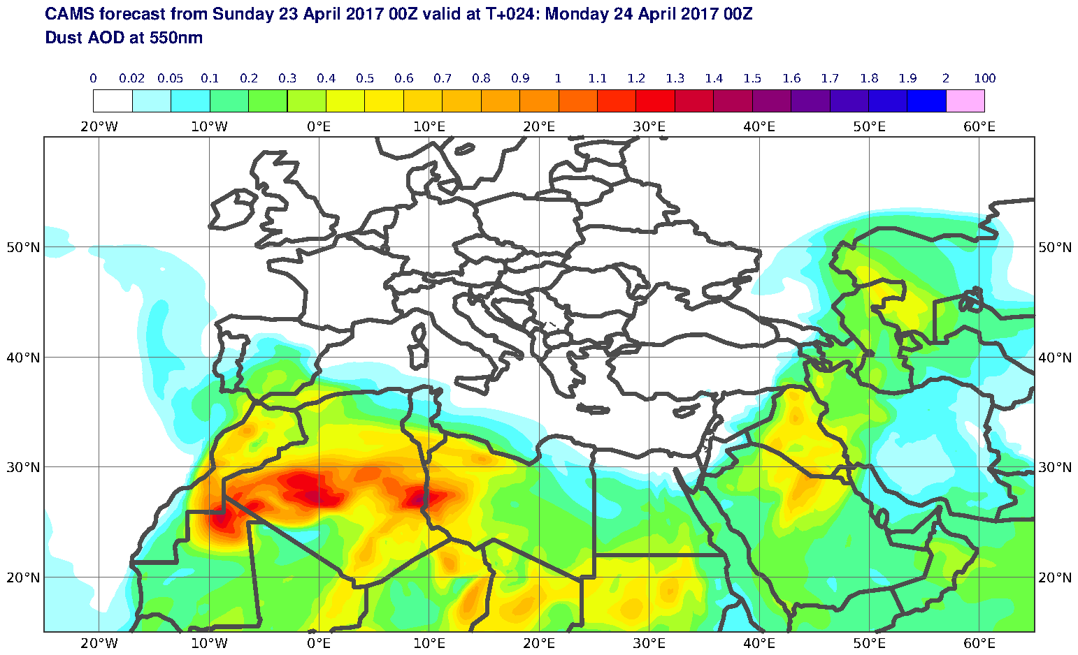 Dust AOD at 550nm valid at T24 - 2017-04-24 00:00
