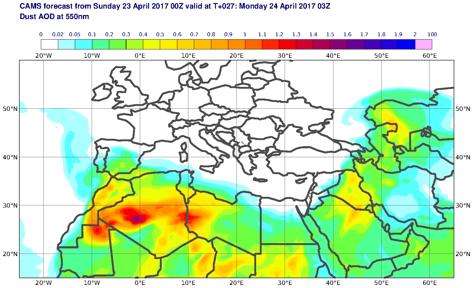Dust AOD at 550nm valid at T27 - 2017-04-24 03:00