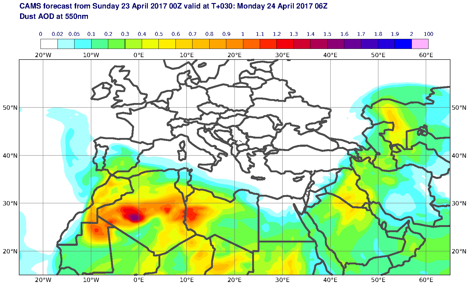 Dust AOD at 550nm valid at T30 - 2017-04-24 06:00