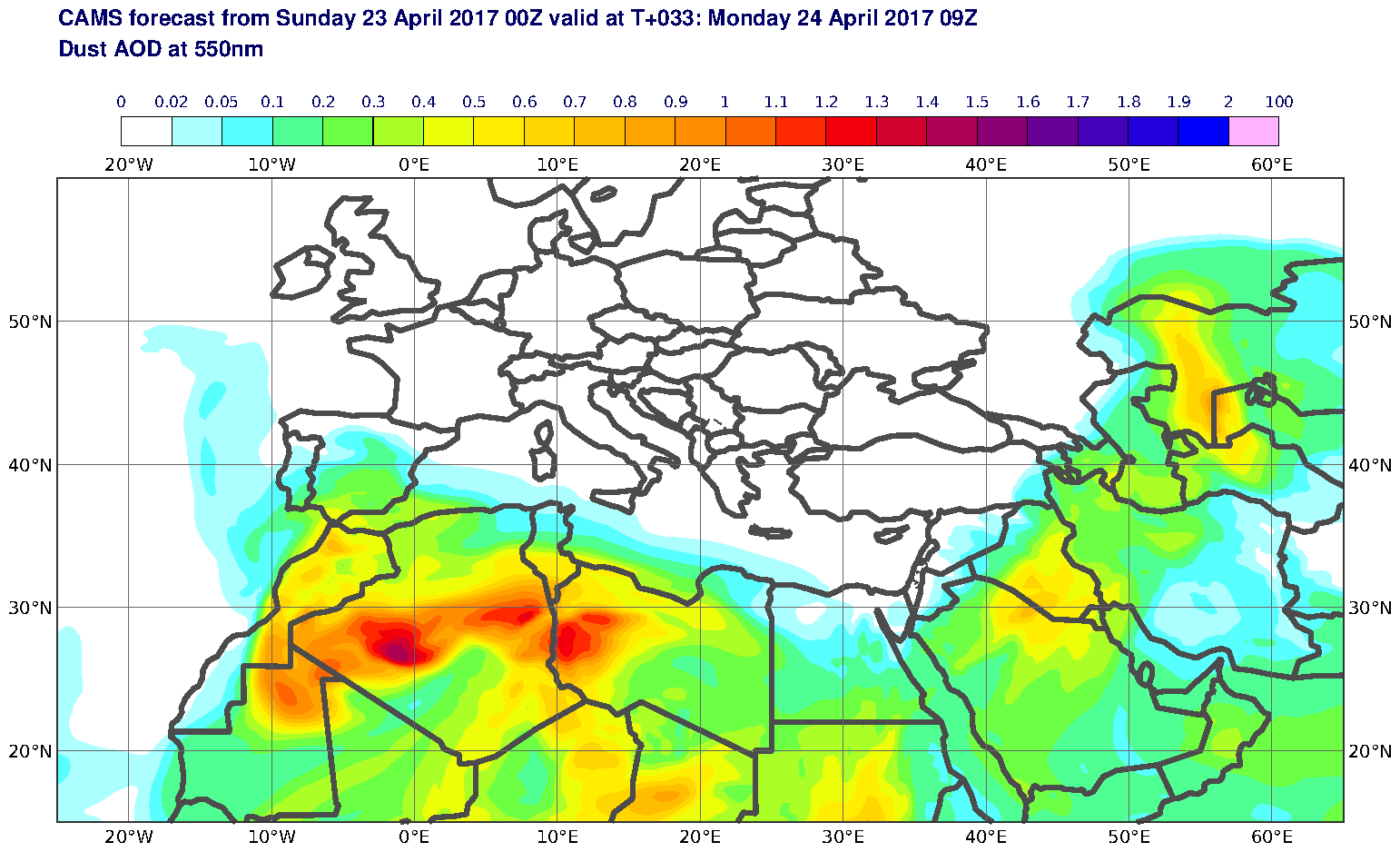 Dust AOD at 550nm valid at T33 - 2017-04-24 09:00