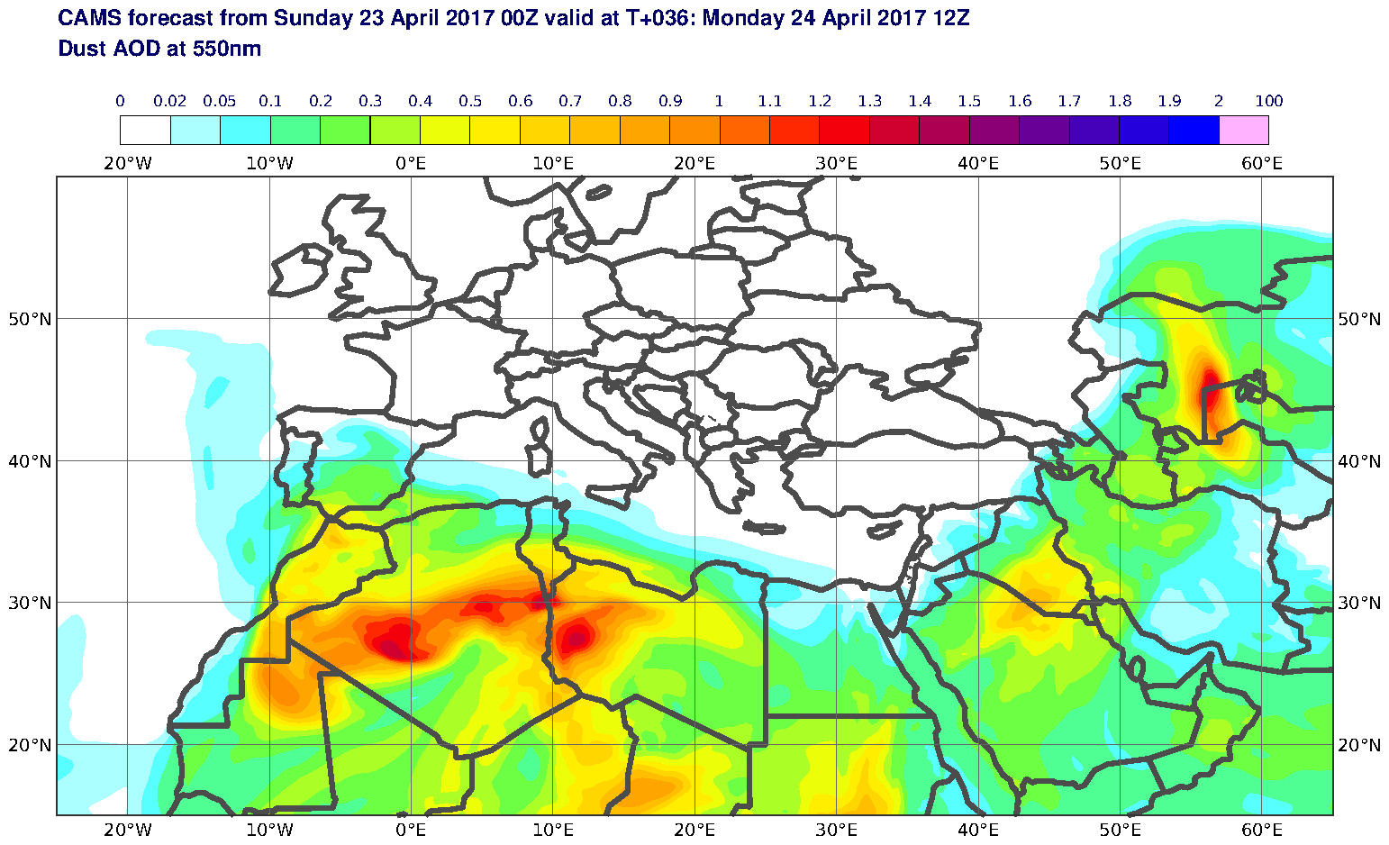 Dust AOD at 550nm valid at T36 - 2017-04-24 12:00