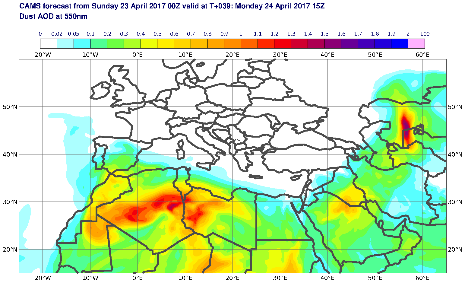 Dust AOD at 550nm valid at T39 - 2017-04-24 15:00