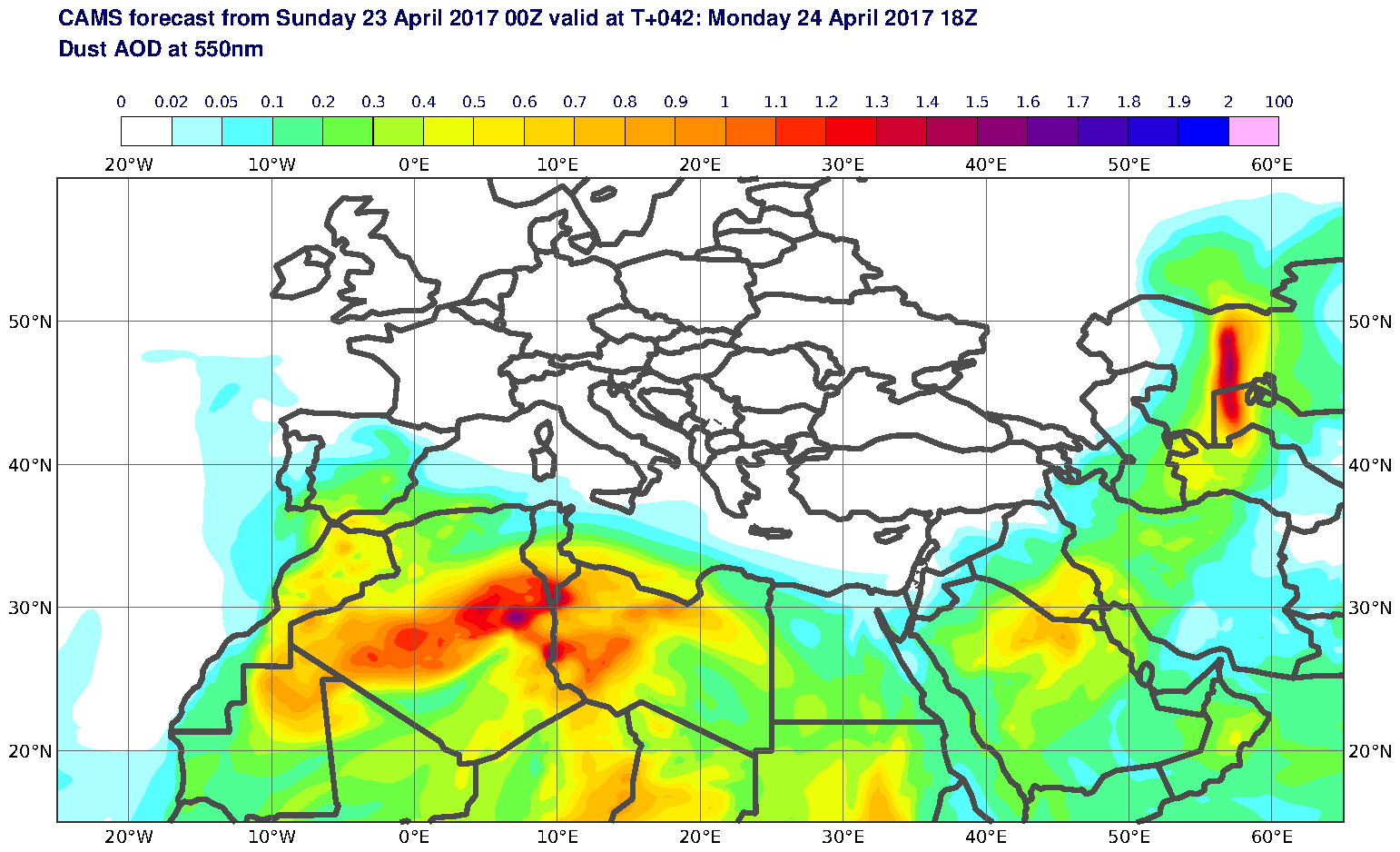Dust AOD at 550nm valid at T42 - 2017-04-24 18:00