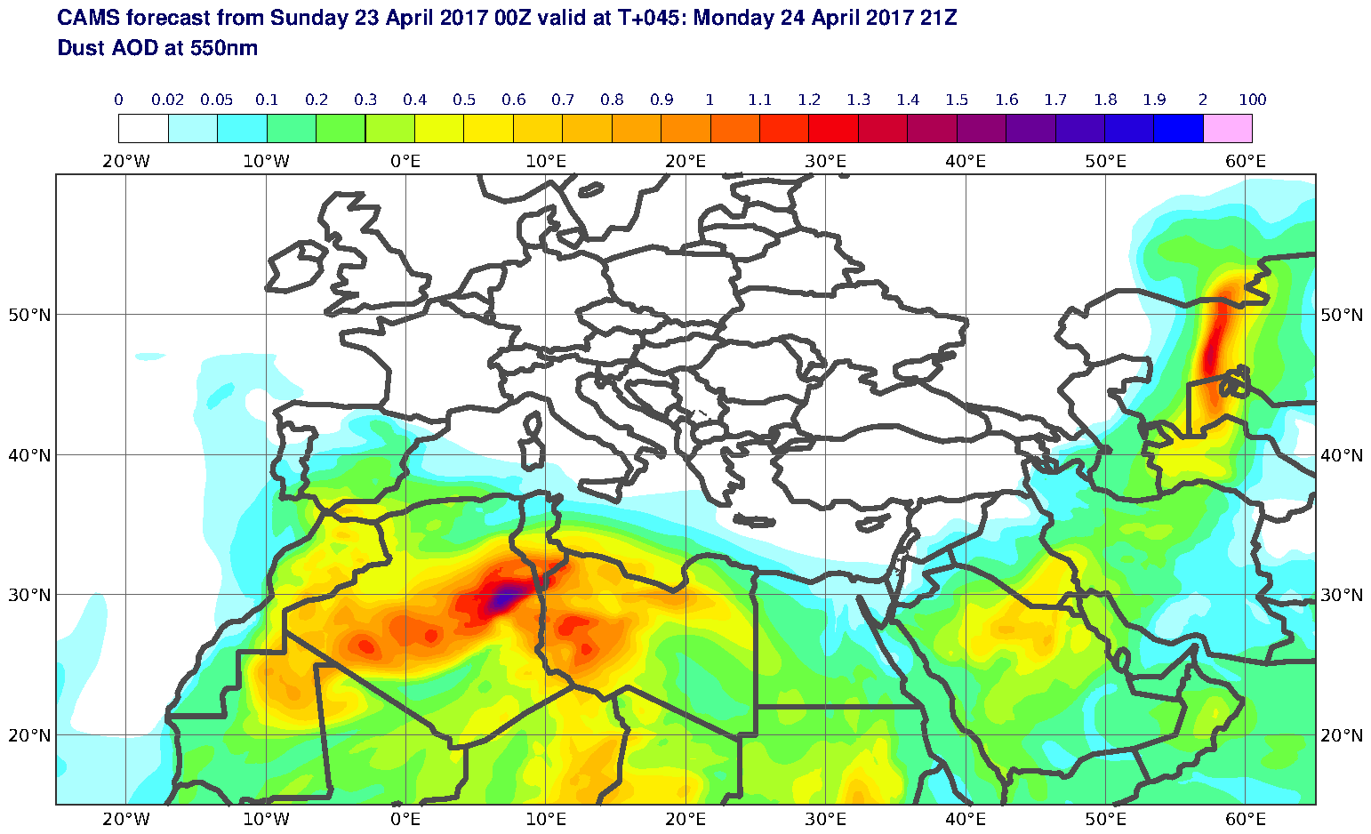Dust AOD at 550nm valid at T45 - 2017-04-24 21:00
